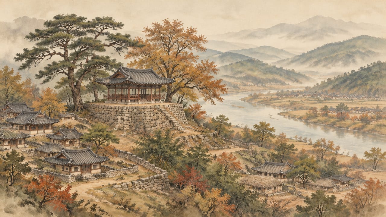신 안동 김씨의 세거지 안동 소산마을과 청원루 일대를 떠올리게 하는 수묵담채 풍경