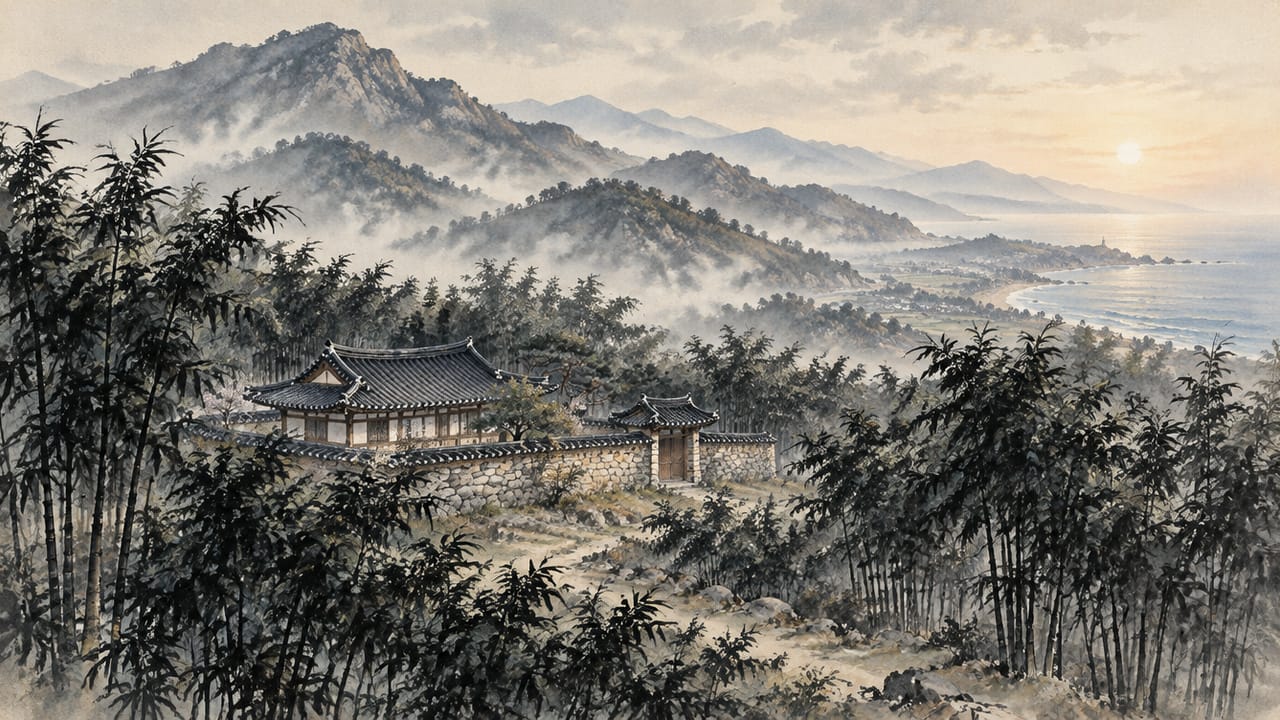 검은 대나무 숲에 둘러싸인 강릉의 옛 한옥 오죽헌과 멀리 보이는 동해를 그린 수묵담채풍 그림