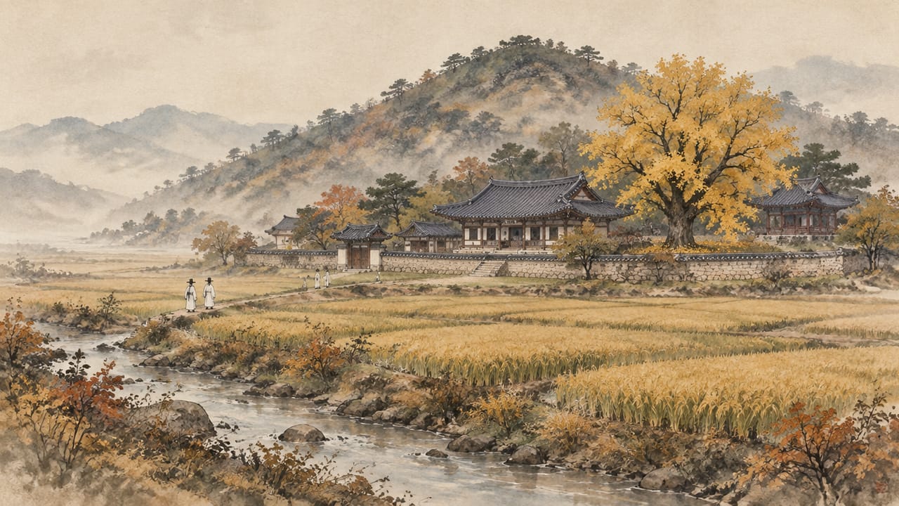 가을 들판과 낮은 산자락 아래 자리한 조선 서원(돈암서원을 떠올리게 하는 풍경)을 멀리서 바라본 수묵담채풍 그림