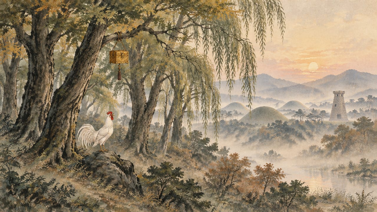 새벽 경주 계림 숲의 나뭇가지에 걸린 금궤와 그 아래에서 우는 흰 닭을 그린 수묵담채풍 그림