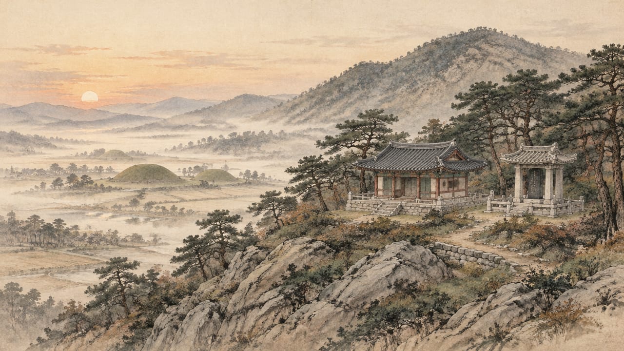 경주 이씨의 발상지로 전하는 경주 표암 자락의 재실과 소나무 숲을 수묵담채로 그린 풍경