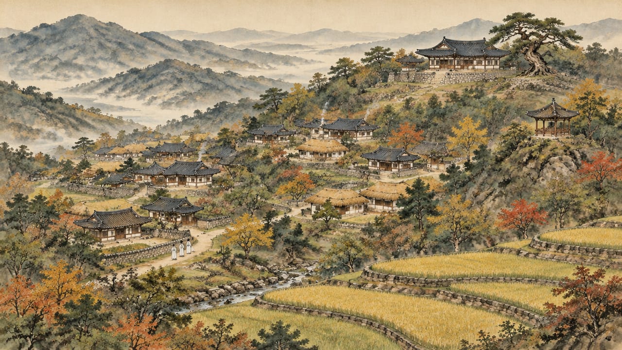 산자락을 따라 기와집과 초가가 흩어진 경주 양동마을과 높은 곳의 종가를 멀리서 내려다본 수묵담채풍 그림
