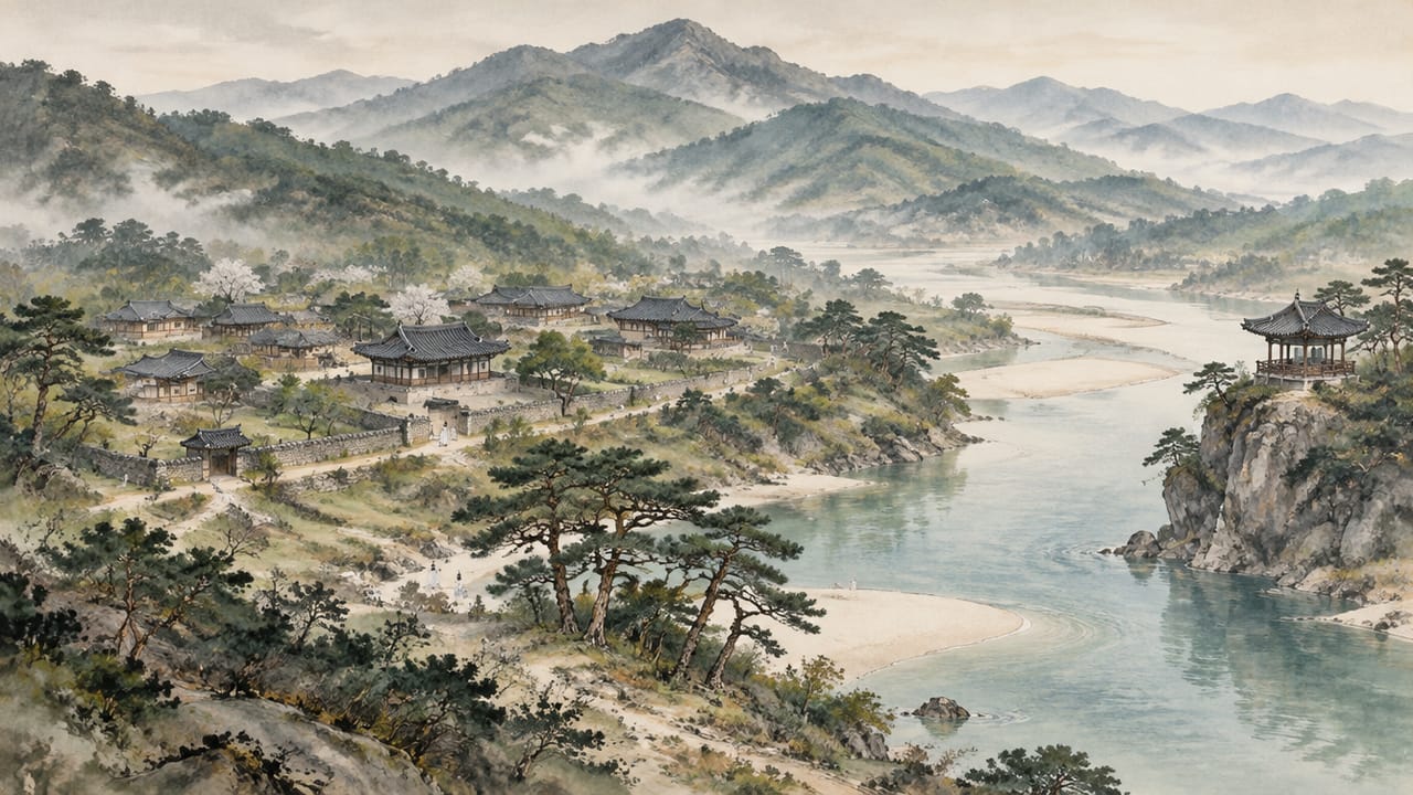 맑은 강과 모래톱, 소나무 숲을 낀 산골 기와집 마을을 멀리서 바라본 수묵담채풍 그림