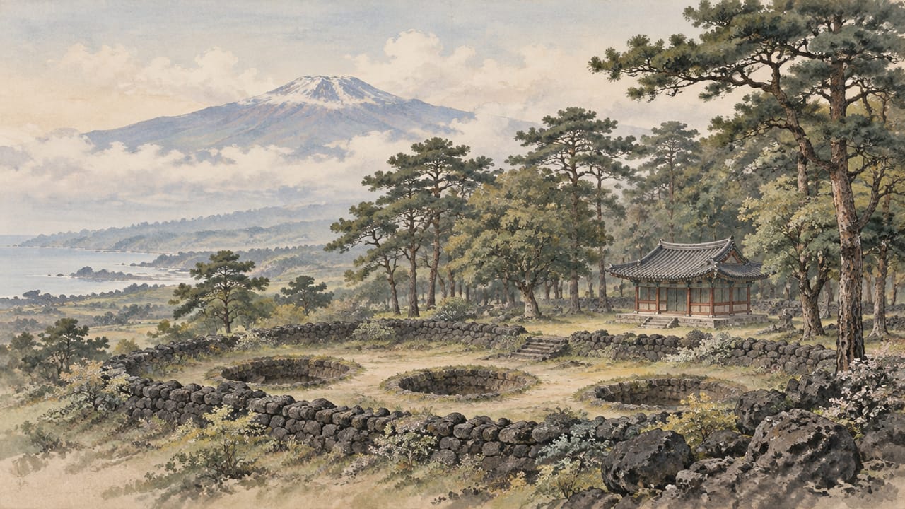 멀리 한라산을 배경으로 돌담과 숲에 둘러싸인 제주 삼성혈과 삼성전을 그린 수묵담채화