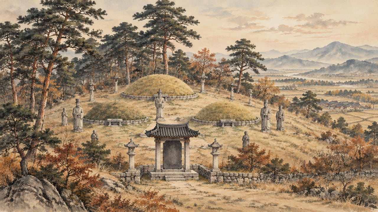 솔숲 언덕 위에 봉분 세 기와 문인석, 비각이 자리한 조선 시대 묘역을 수묵담채로 그린 풍경