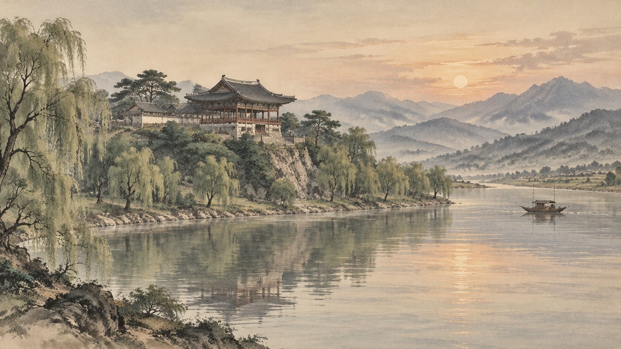 밀양 박씨의 본관지 밀양의 강변 누각과 산세를 수묵담채로 그린 풍경