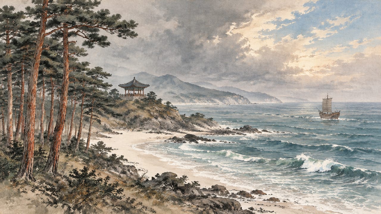 울진 월송 바닷가 소나무 숲과 정자, 폭풍 뒤 해안에 닿는 옛 배를 그린 수묵담채풍 그림