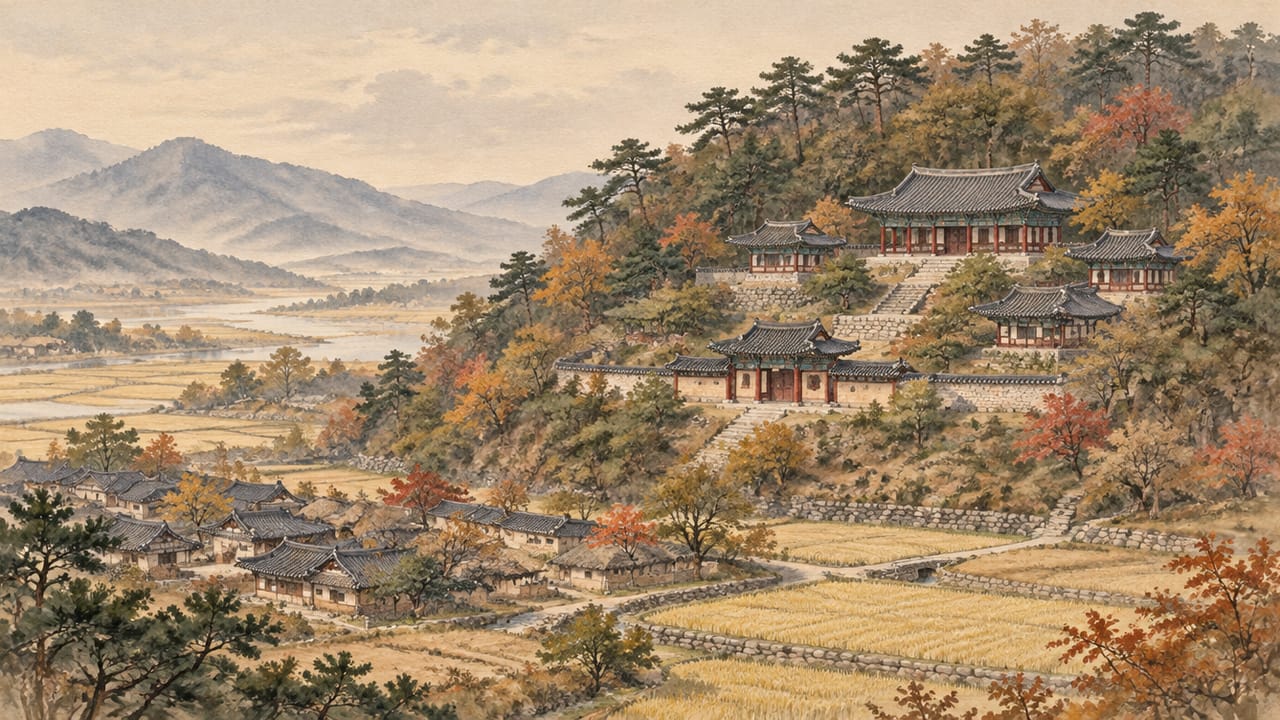 시골 마을 위 숲속 언덕에 자리한 화순 능주의 사당과 삼문을 멀리서 그린 수묵담채화