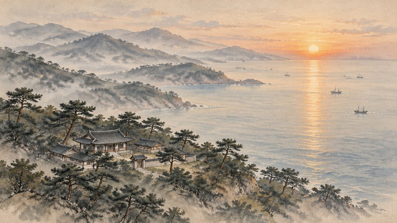 영일만 동해 해돋이와 소나무 언덕 위 서원을 멀리서 그린 수묵담채풍 그림