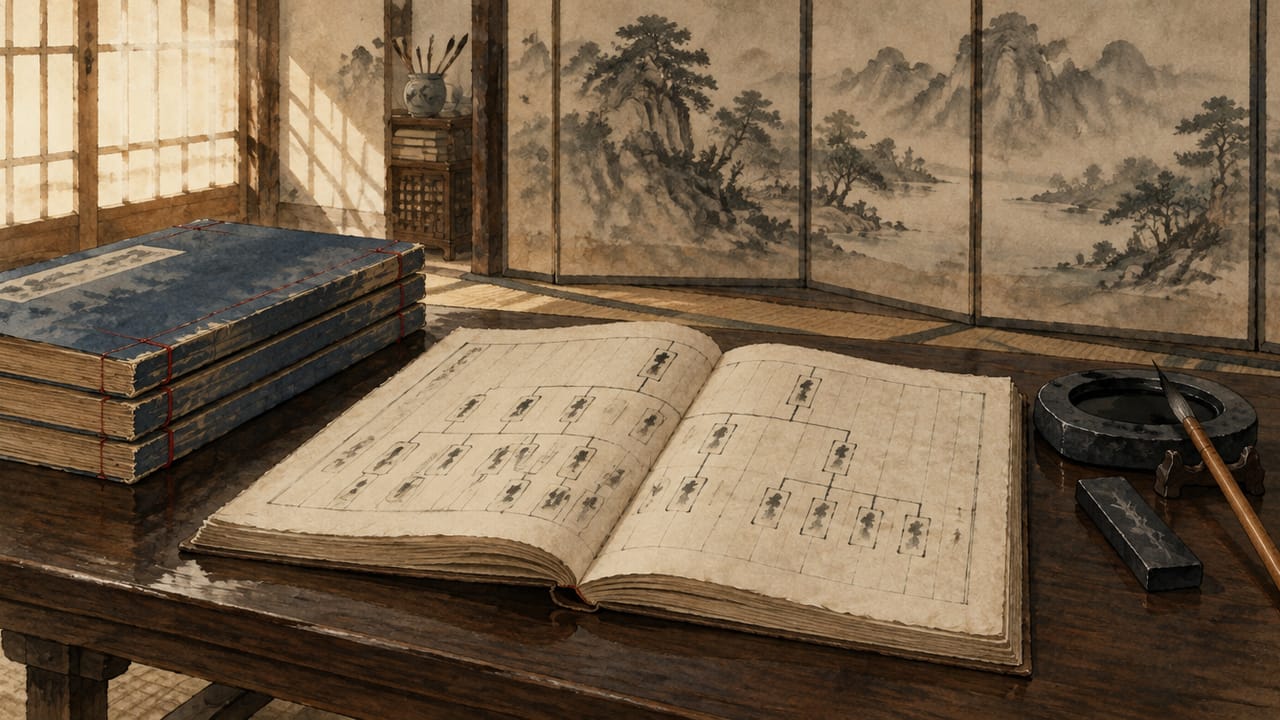 An old Korean jokbo laid open in a scholar's study with brush and inkstone