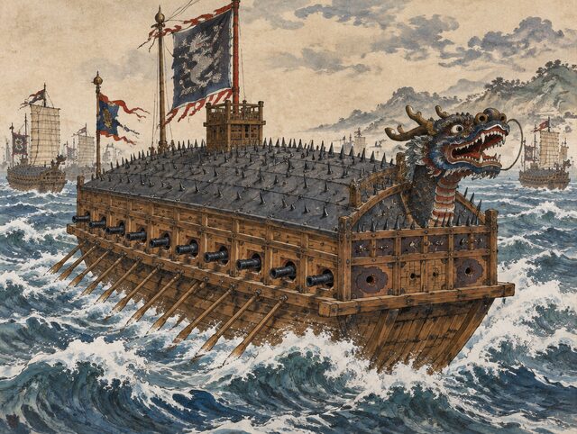 Imagined depiction of the turtle ship (geobukseon) — AI-generated illustration; no original blueprint survives